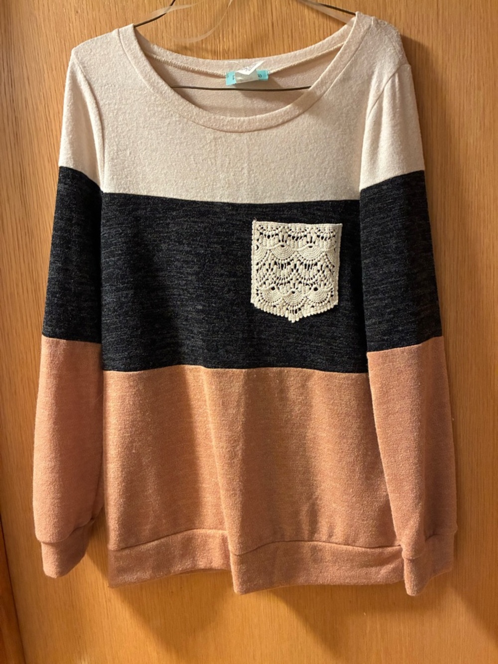 Colorblock Cream, Black & Tan Women's Sweater with Crochet Pocket